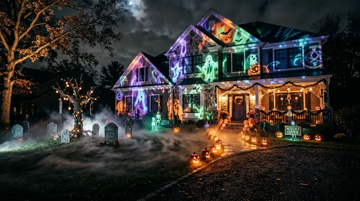 Let windows and exterior lighting join the illusion inspiration for an outdoor Halloween yard.